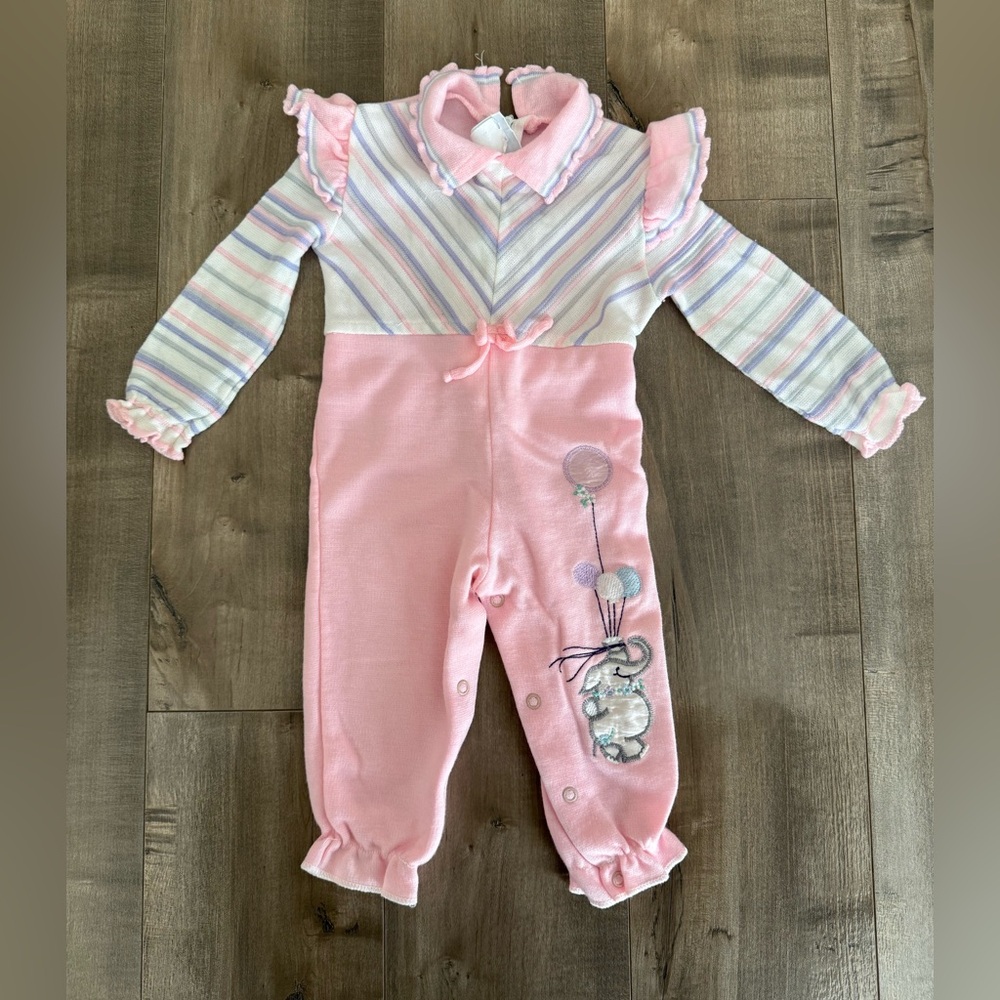 Vintage Blue Duck One Piece Jumpsuit 12 Month‎ Pink Elephant Embroidered Ruffle